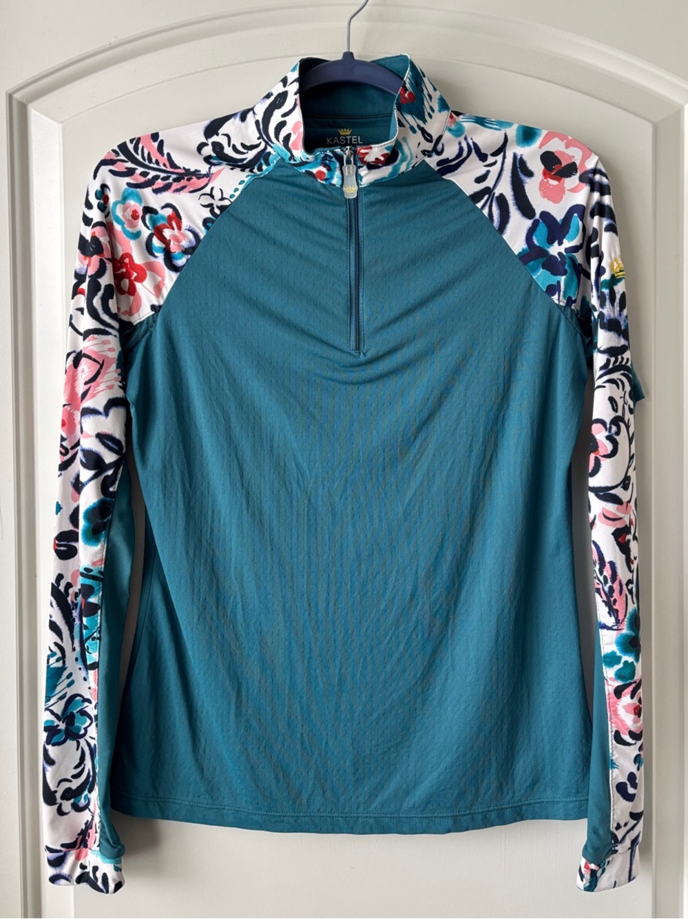 Kastel Denmark Quarter Zip Long Sleeve Sunshirt- M- Teal/White/Pink Floral